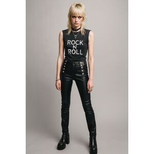 LOL Black Napa Leather Goth Punk Rocker Fitted Ankle Zips Pants, EU 38 (US 4-6)
